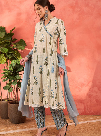 White Floral Wrap Kurta With Pencil Pants & Dupatta