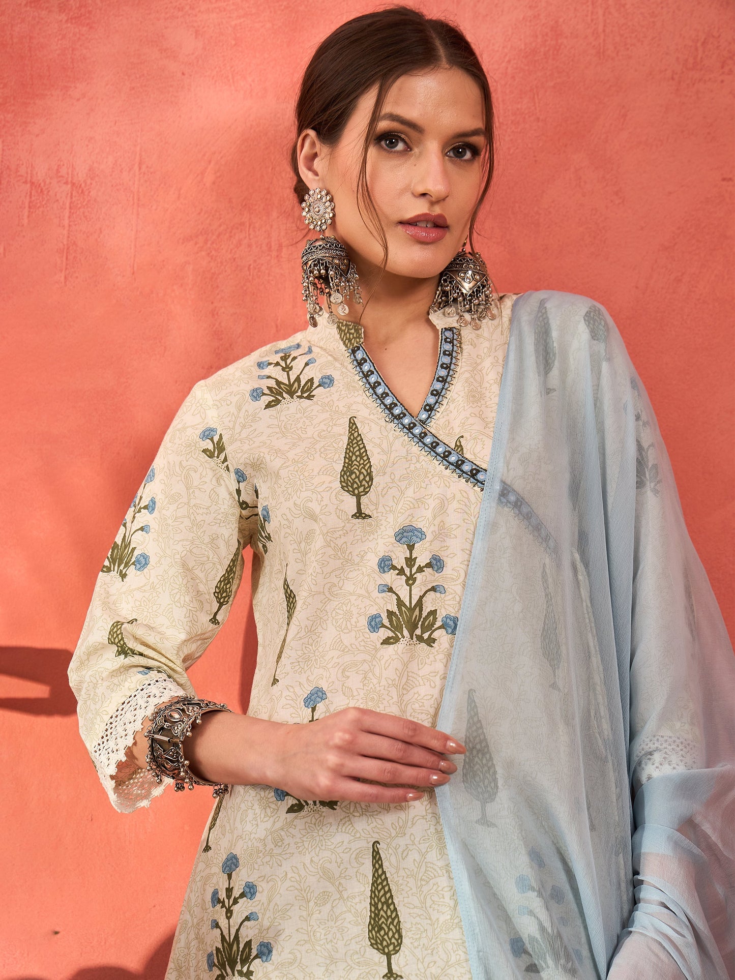 White Floral Wrap Kurta With Pencil Pants & Dupatta