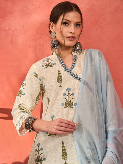 White Floral Wrap Kurta With Pencil Pants & Dupatta