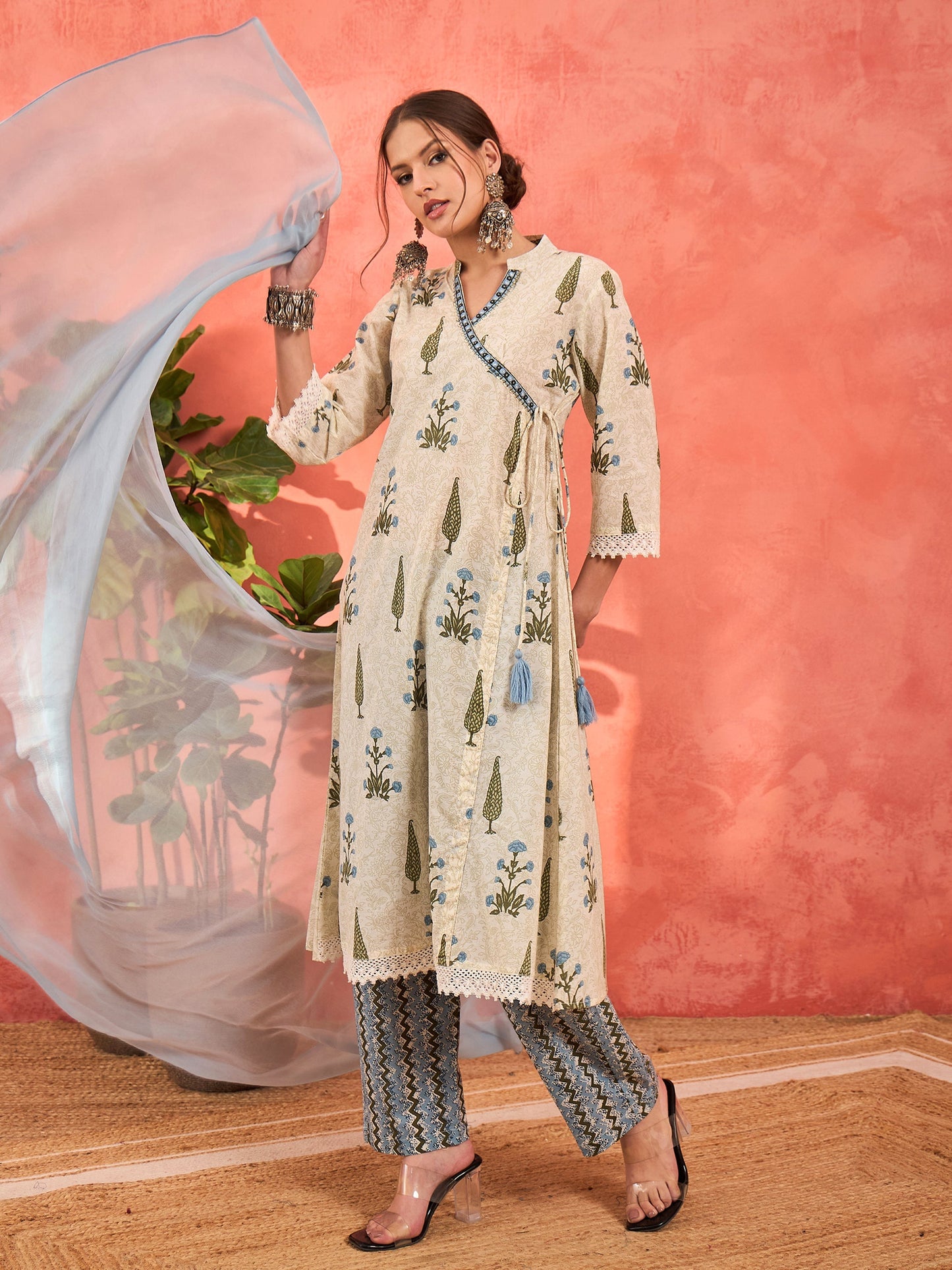White Floral Wrap Kurta With Pencil Pants & Dupatta