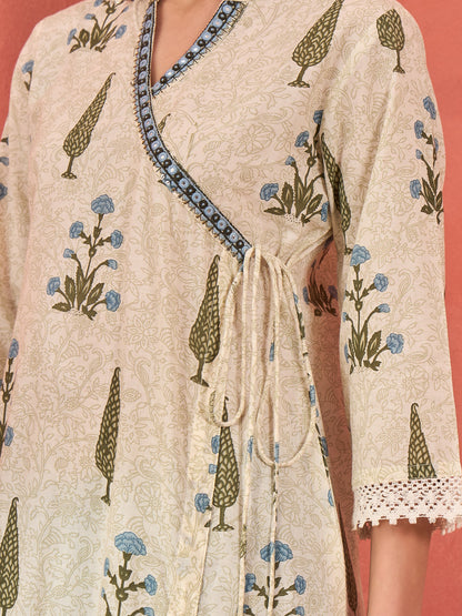 White Floral Wrap Kurta With Pencil Pants & Dupatta