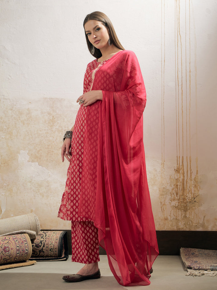 Pink Floral Cambric Kurta With Pencil Pants &amp; Dupatta-Shae by SASSAFRAS