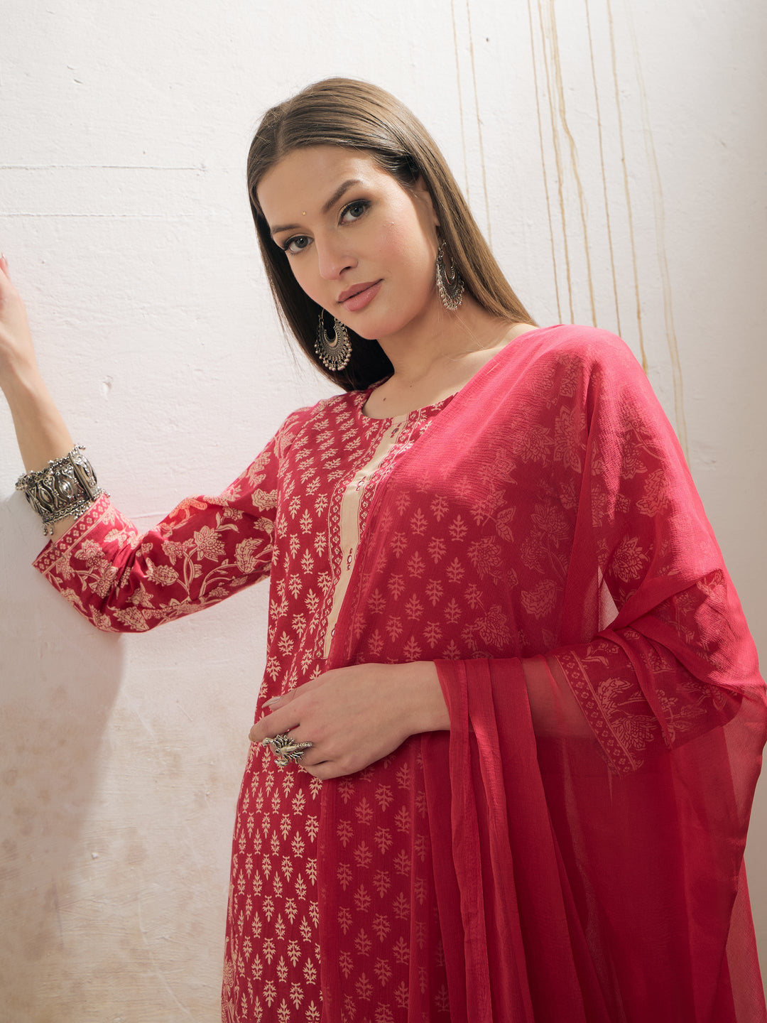 Pink Floral Cambric Kurta With Pencil Pants &amp; Dupatta-Shae by SASSAFRAS