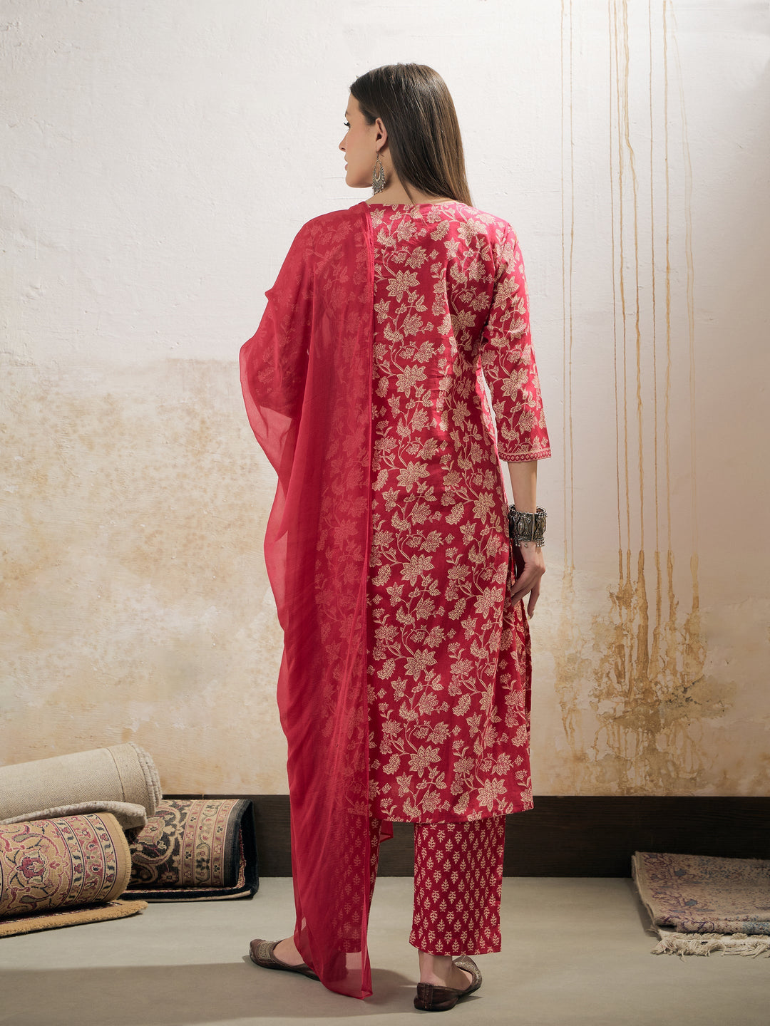 Pink Floral Cambric Kurta With Pencil Pants &amp; Dupatta-Shae by SASSAFRAS