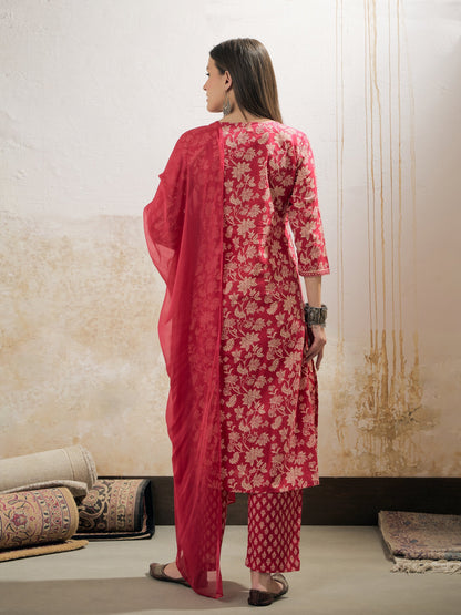 Pink Floral Cambric Kurta With Pencil Pants & Dupatta-Shae by SASSAFRAS