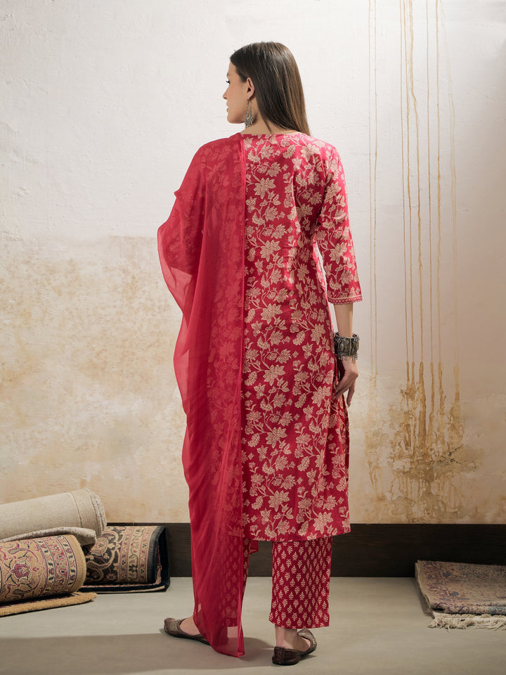 Pink Floral Cambric Kurta With Pencil Pants &amp; Dupatta-Shae by SASSAFRAS