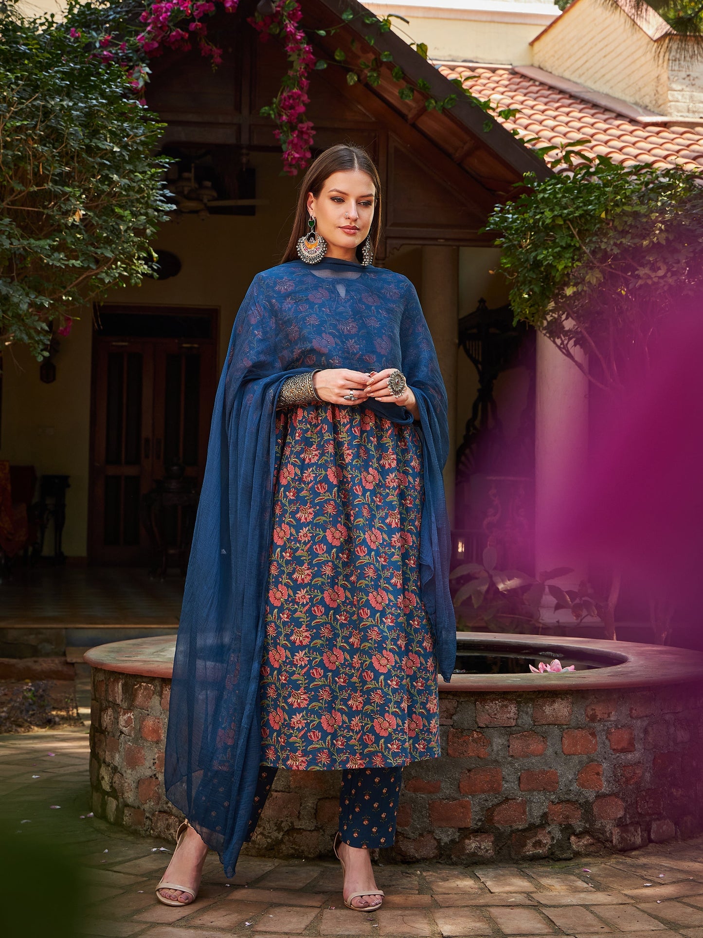 Navy Floral Front Dori Gathered Kurta With Pencil Pants & Dupatta