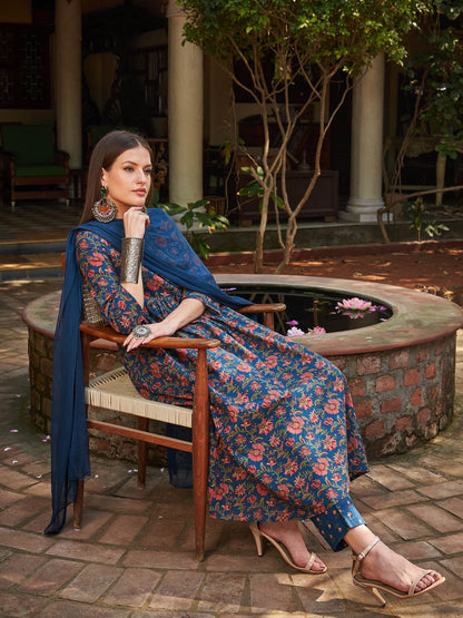 Navy Floral Front Dori Gathered Kurta With Pencil Pants & Dupatta