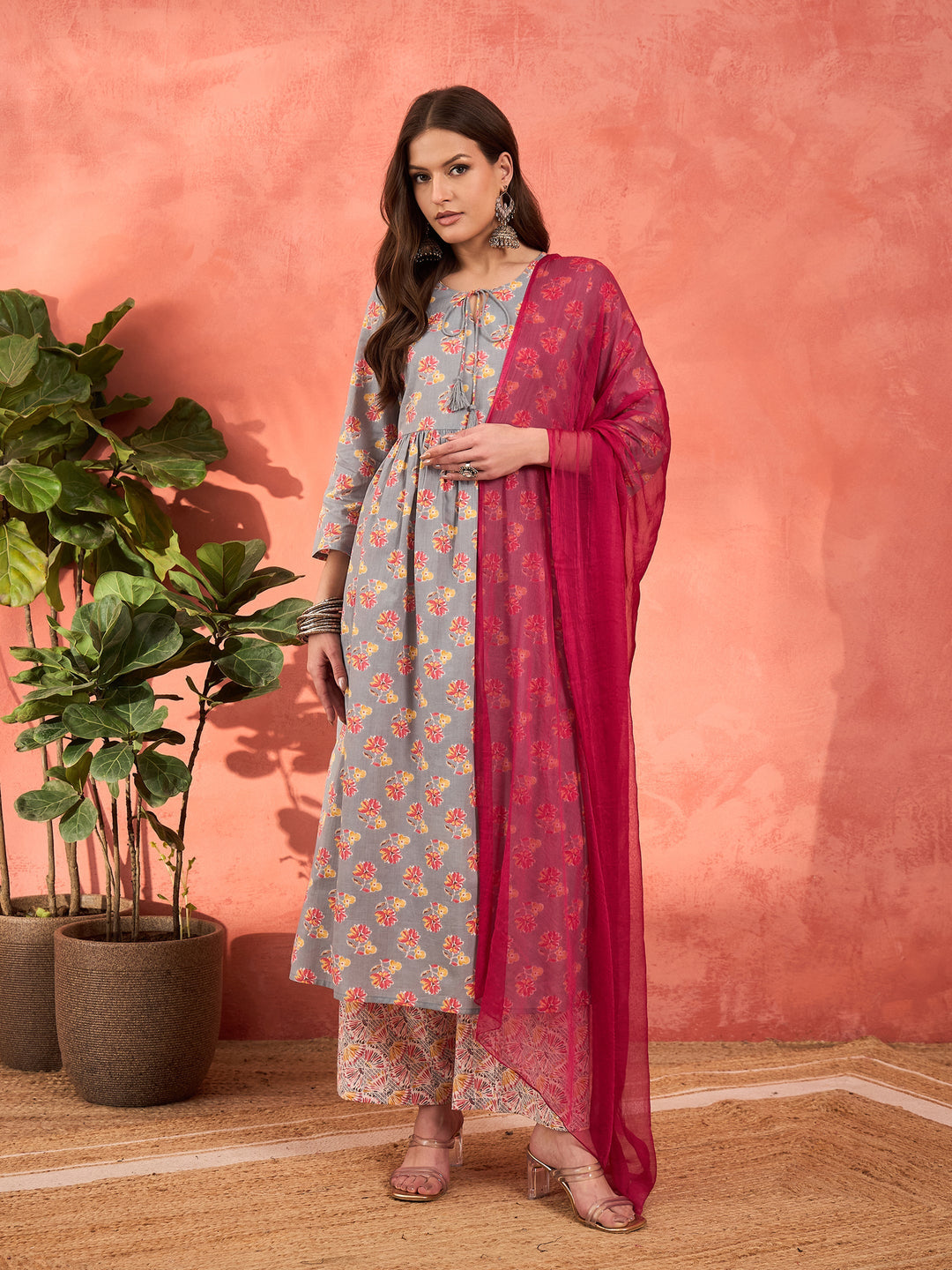 Grey Floral Front Dori Gathered Kurta With Pencil Pants &amp; Dupatta-Shae by SASSAFRAS