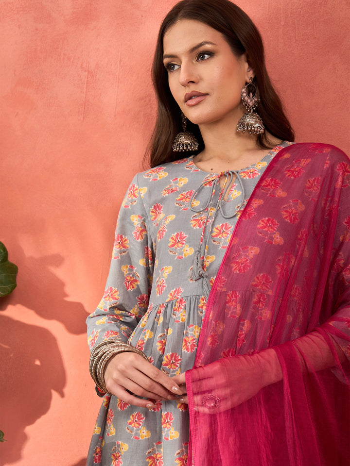 Grey Floral Front Dori Gathered Kurta With Pencil Pants &amp; Dupatta-Shae by SASSAFRAS