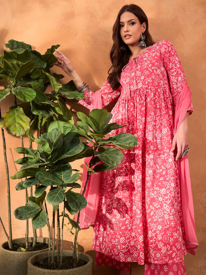 Women's Women Pink Floral Round Neck Gathered Kurta With Pencil Pants & Dupatta in Cotton by Shae for wholesale, bulk, supplier, manufacturer and wholesaler buyers from Trendphoria