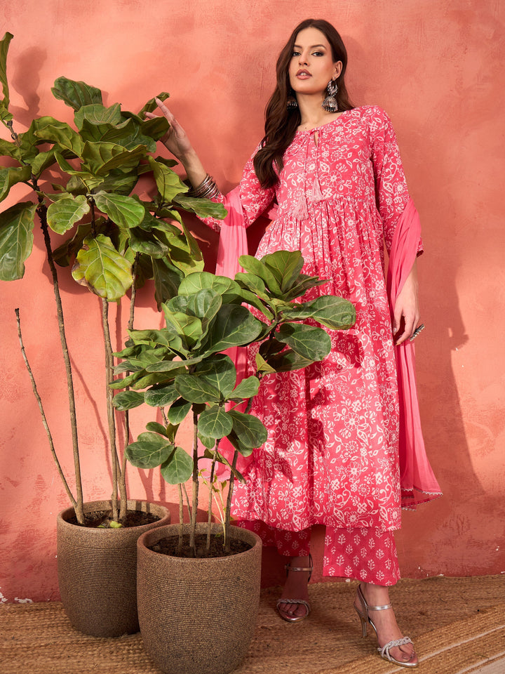 Pink Floral Round Neck Gathered Kurta With Pencil Pants &amp; Dupatta-Shae by SASSAFRAS