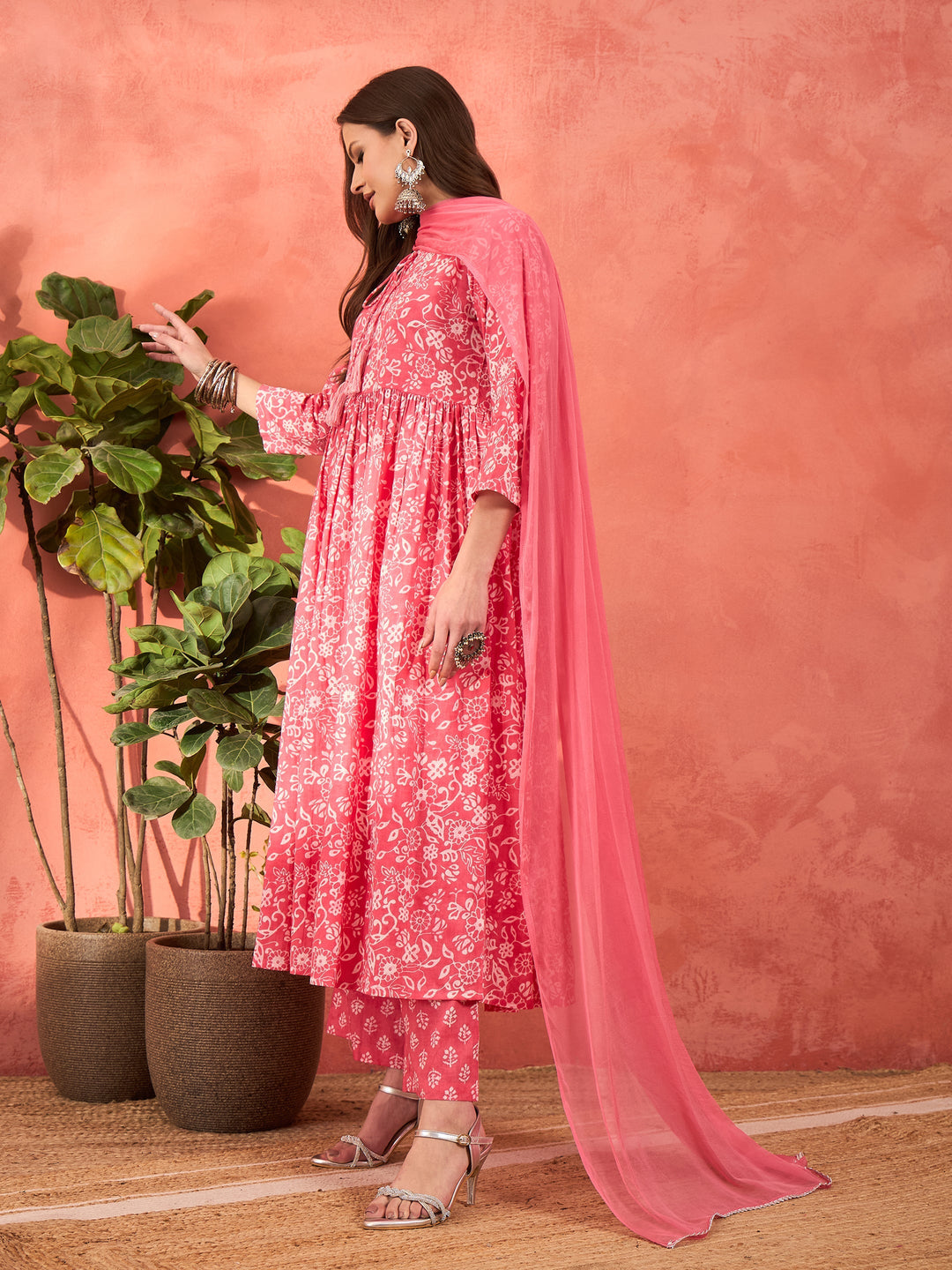 Pink Floral Round Neck Gathered Kurta With Pencil Pants &amp; Dupatta-Shae by SASSAFRAS