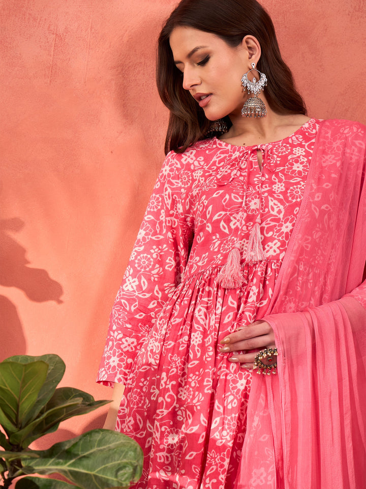 Pink Floral Round Neck Gathered Kurta With Pencil Pants &amp; Dupatta-Shae by SASSAFRAS