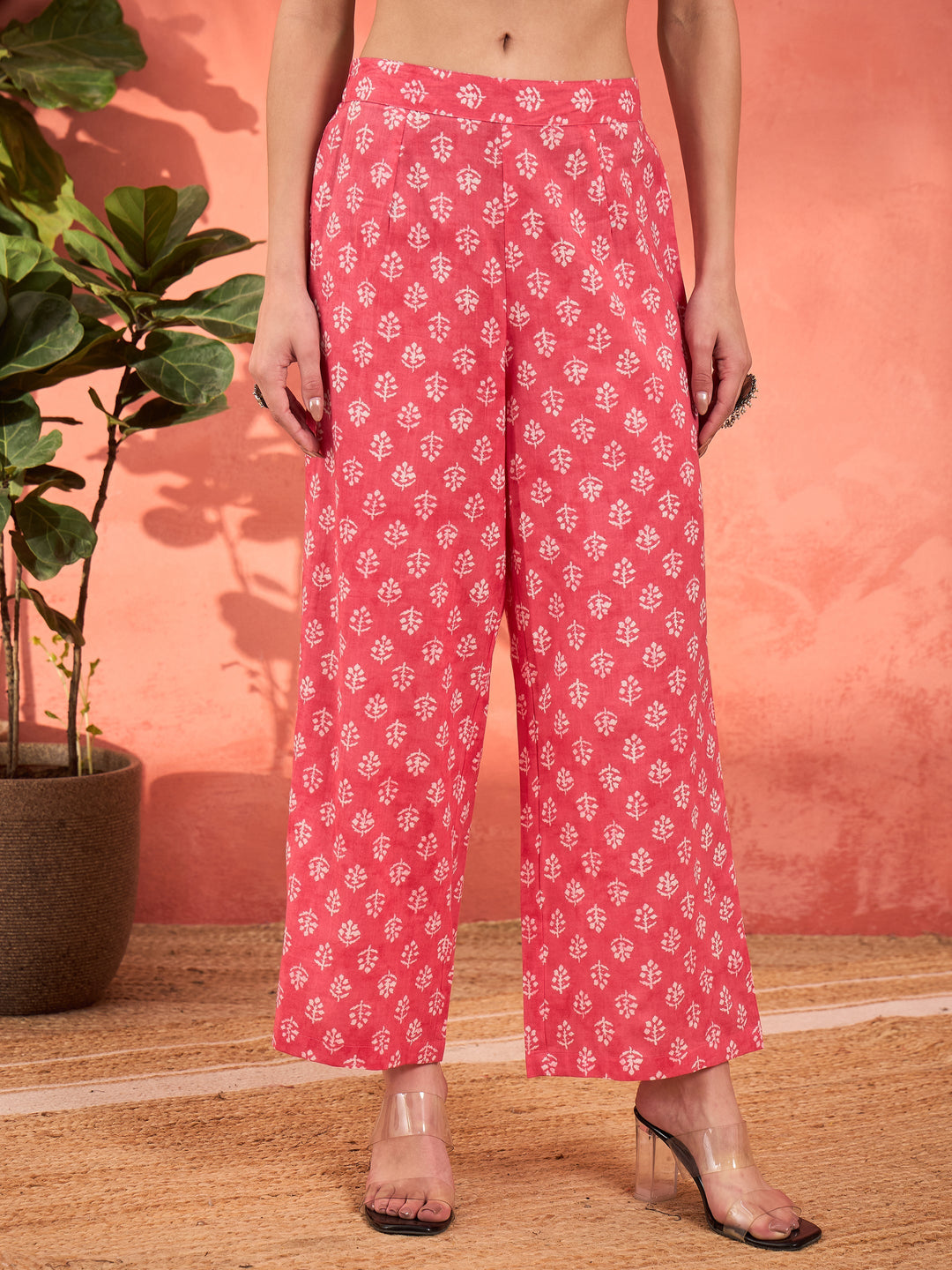 Pink Floral Round Neck Gathered Kurta With Pencil Pants &amp; Dupatta-Shae by SASSAFRAS