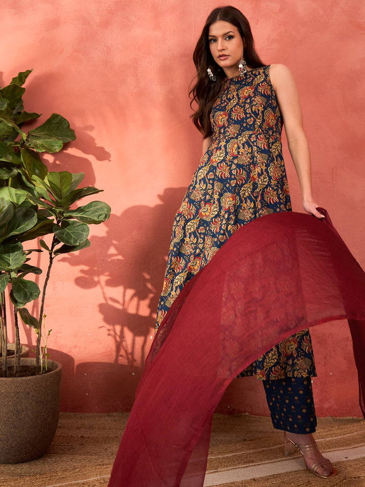 Women Navy Floral Sleeveless Kurta With Pencil Pants &amp; Dupatta