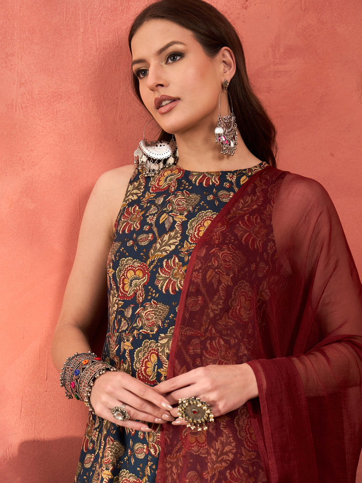 Women Navy Floral Sleeveless Kurta With Pencil Pants &amp; Dupatta