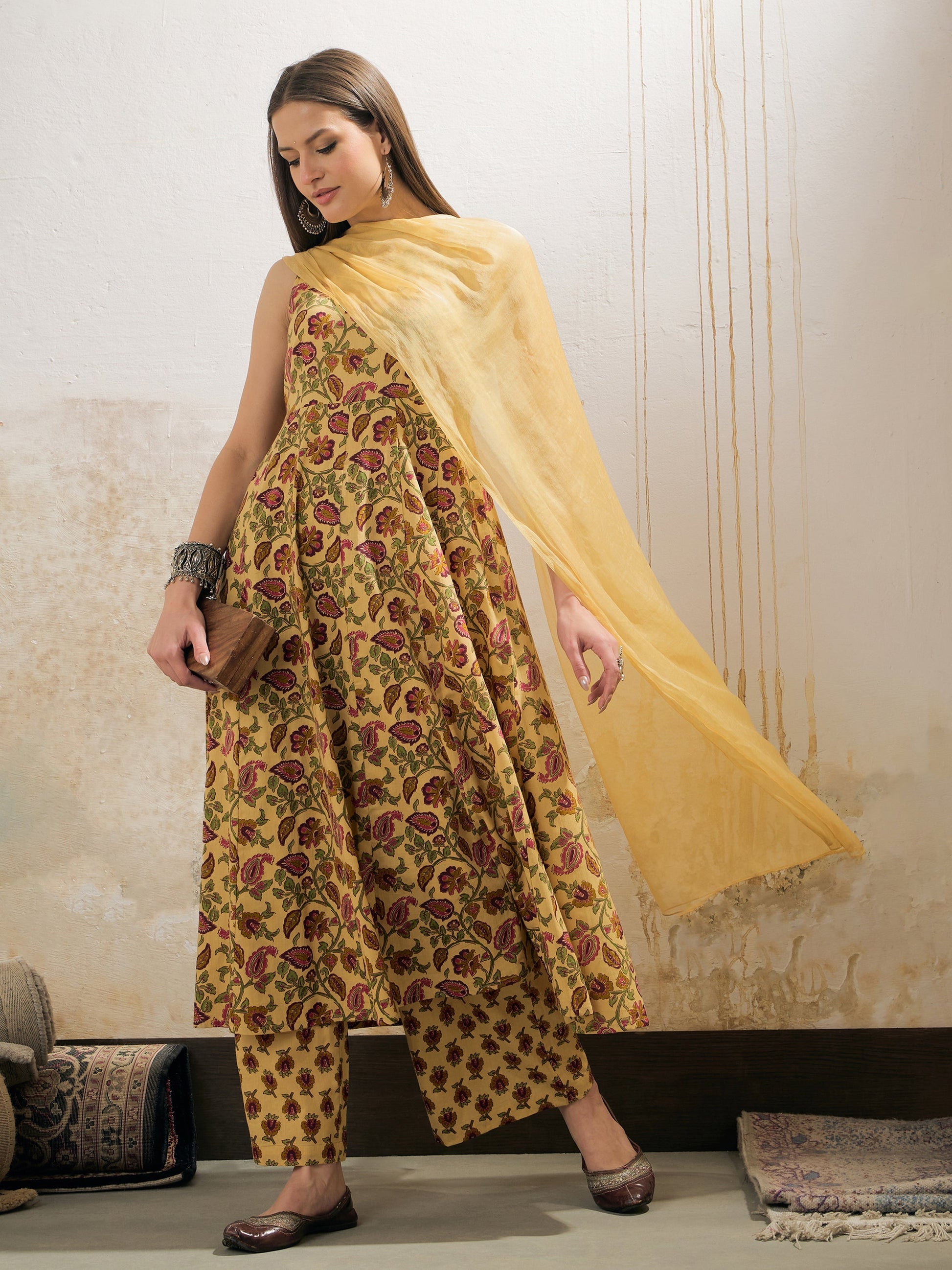 Women's Women Yellow Floral Sleeveless Kurta With Pencil Pants & Dupatta in Cotton by Shae for wholesale, bulk, supplier, manufacturer and wholesaler buyers from Trendphoria