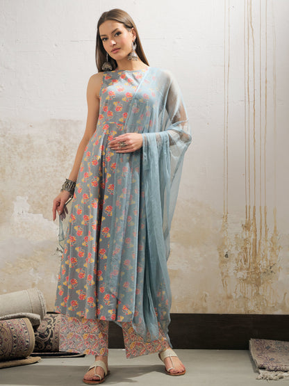 Women's Women Grey Floral Sleeveless Kurta With Pencil Pants & Dupatta in Cotton by Shae for wholesale, bulk, supplier, manufacturer and wholesaler buyers from Trendphoria