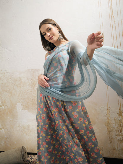 Grey Floral Sleeveless Kurta With Pencil Pants & Dupatta-Shae by SASSAFRAS
