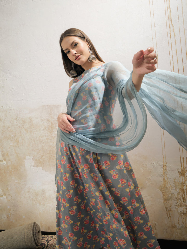 Grey Floral Sleeveless Kurta With Pencil Pants &amp; Dupatta-Shae by SASSAFRAS