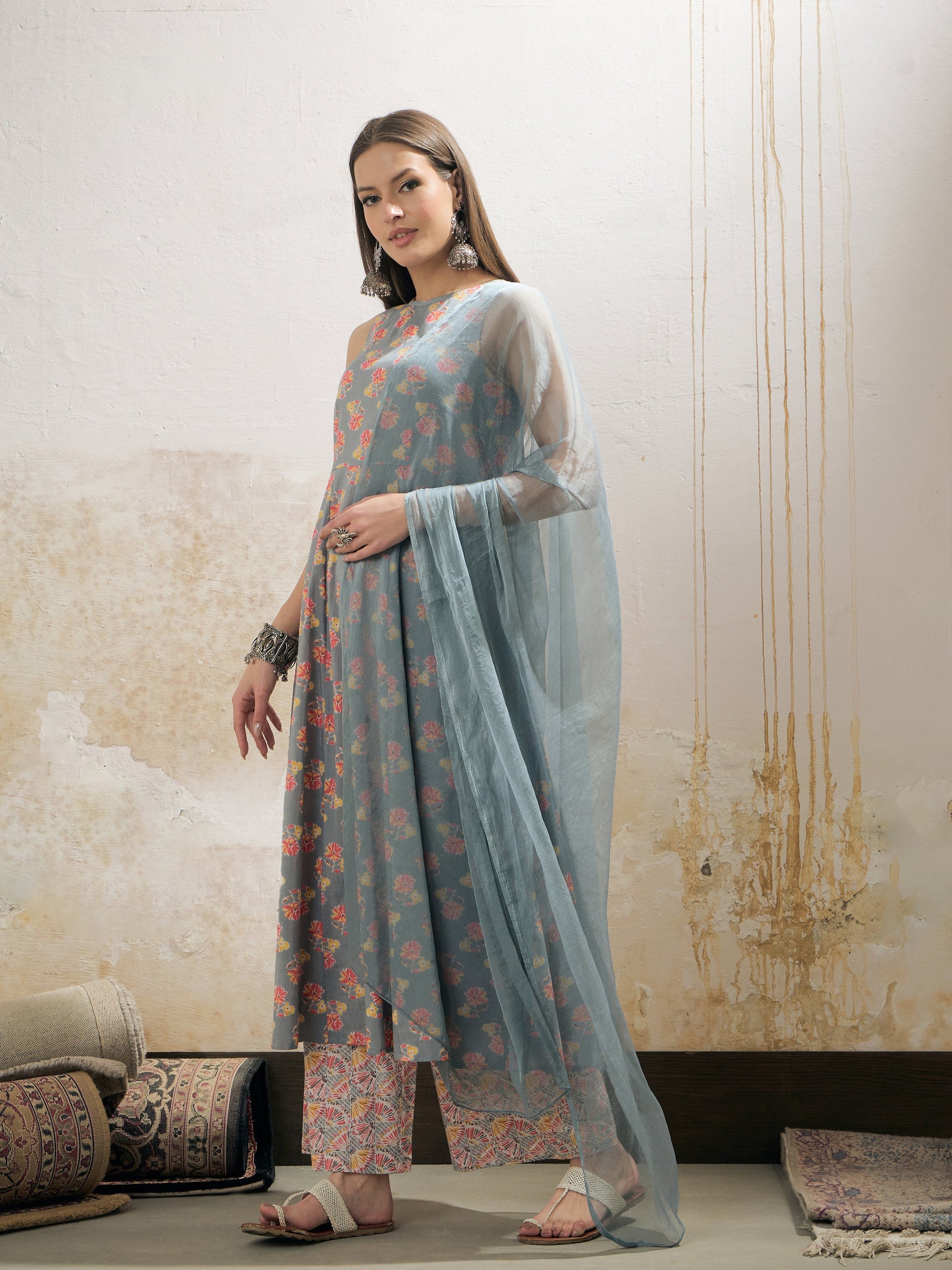 Grey Floral Sleeveless Kurta With Pencil Pants & Dupatta-Shae by SASSAFRAS