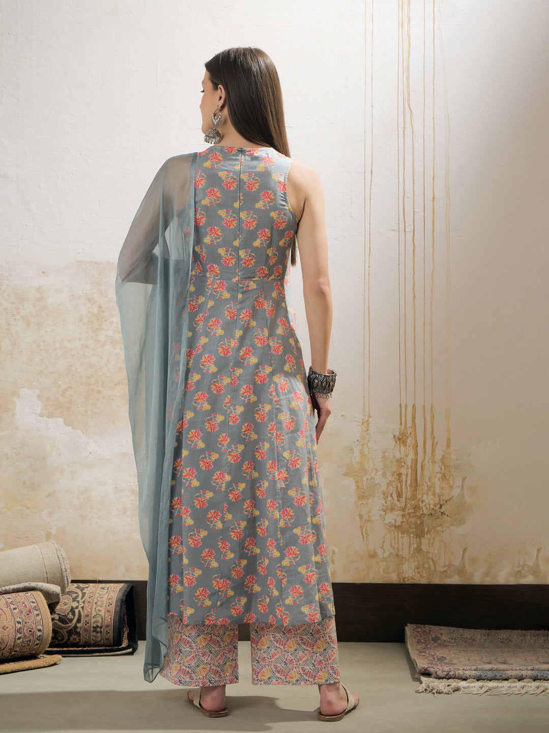 Grey Floral Sleeveless Kurta With Pencil Pants &amp; Dupatta-Shae by SASSAFRAS