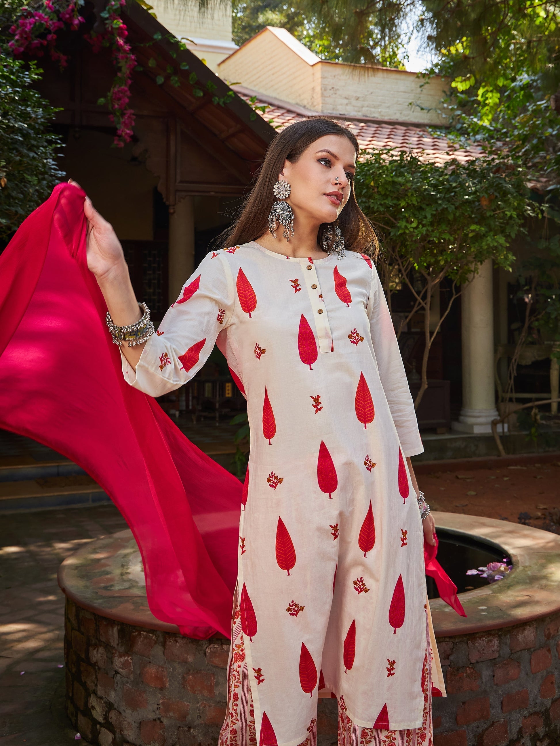 Women's Women White & Red Floral Straight Kurta With Pencil Pants & Dupatta in Cotton by Shae for wholesale, bulk, supplier, manufacturer and wholesaler buyers from Trendphoria