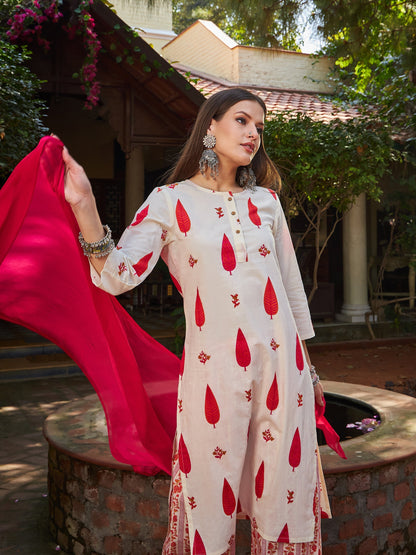 Women's Women White & Red Floral Straight Kurta With Pencil Pants & Dupatta in Cotton by Shae for wholesale, bulk, supplier, manufacturer and wholesaler buyers from Trendphoria