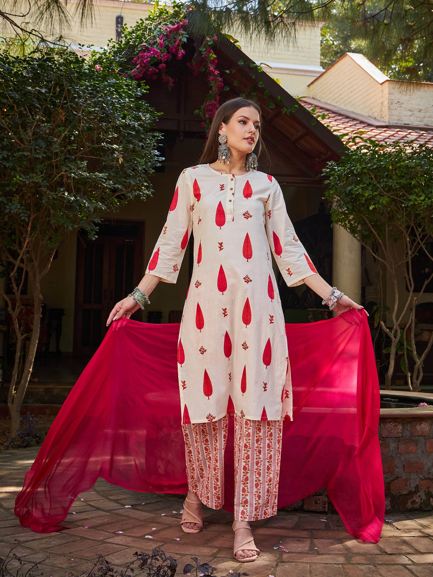 White & Red Floral Straight Kurta With Pencil Pants & Dupatta-Shae by SASSAFRAS