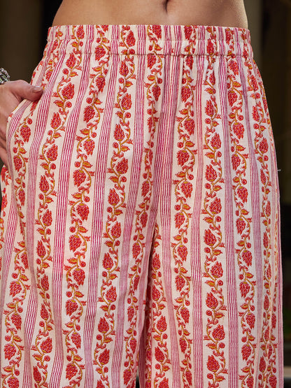 White & Red Floral Straight Kurta With Pencil Pants & Dupatta-Shae by SASSAFRAS