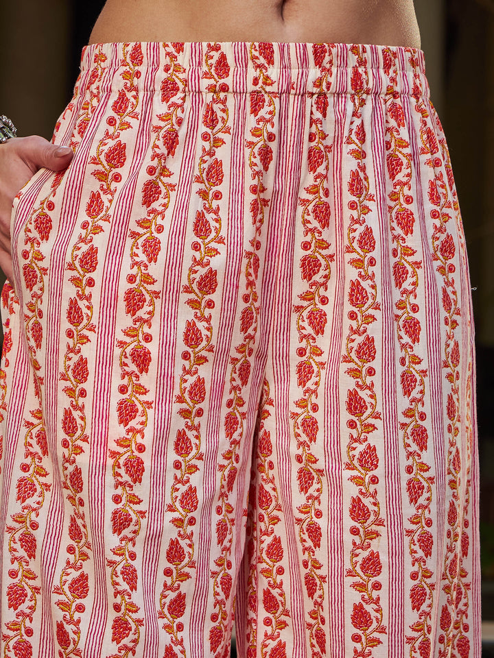 White &amp; Red Floral Straight Kurta With Pencil Pants &amp; Dupatta-Shae by SASSAFRAS