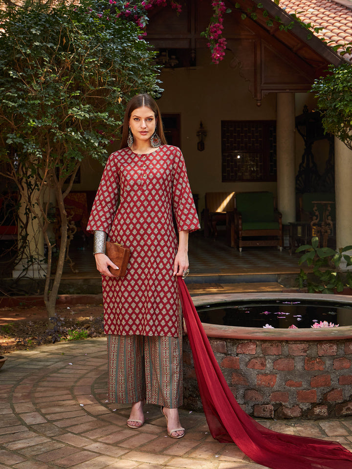 Maroon Floral Straight Kurta With Pants &amp; Dupatta-Shae by SASSAFRAS