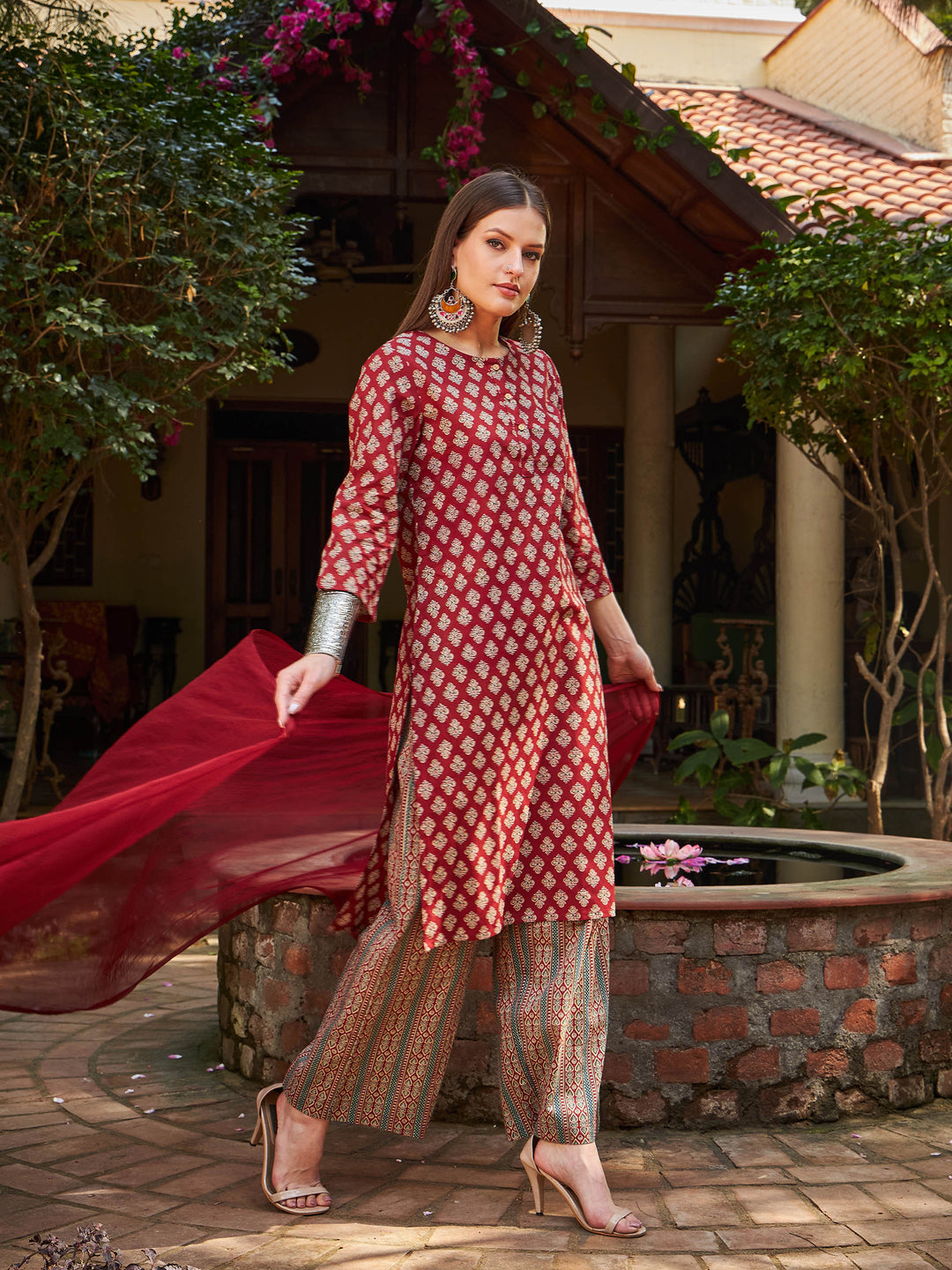 Maroon Floral Straight Kurta With Pants &amp; Dupatta-Shae by SASSAFRAS