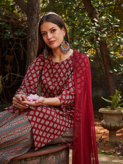 Maroon Floral Straight Kurta With Pants & Dupatta-Shae by SASSAFRAS