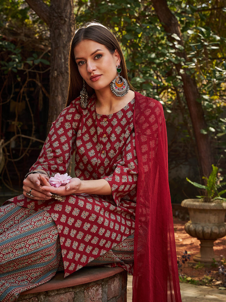 Maroon Floral Straight Kurta With Pants &amp; Dupatta-Shae by SASSAFRAS