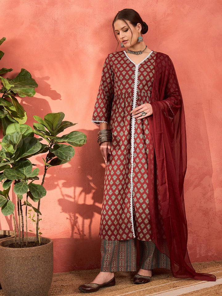 Maroon Floral Front Slit Kurta With Pencil Pants &amp; Dupatta-Shae by SASSAFRAS