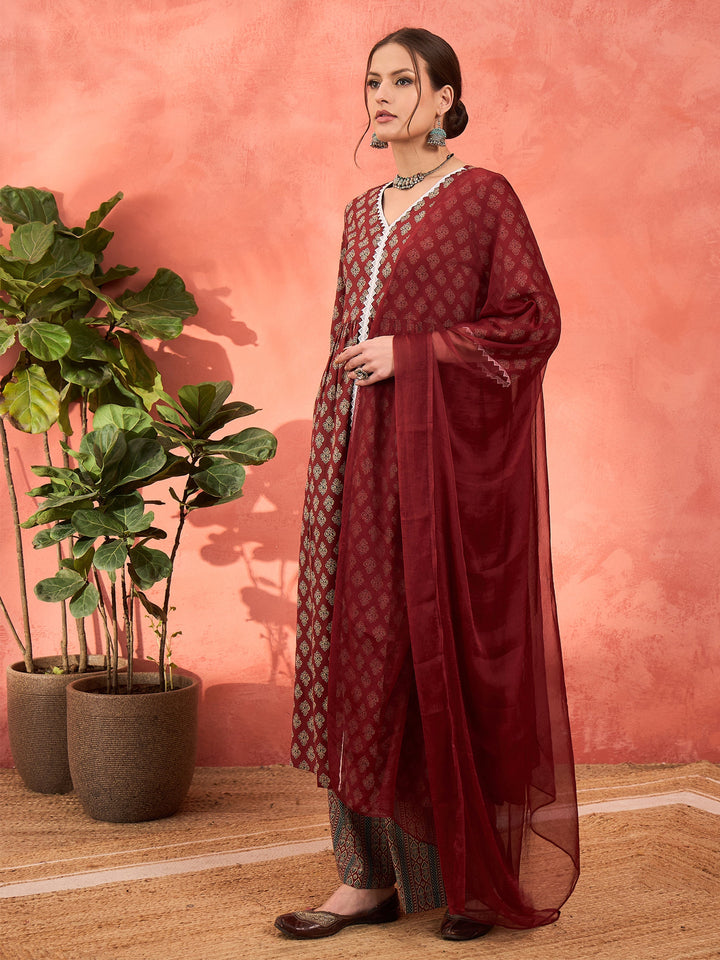 Maroon Floral Front Slit Kurta With Pencil Pants &amp; Dupatta-Shae by SASSAFRAS