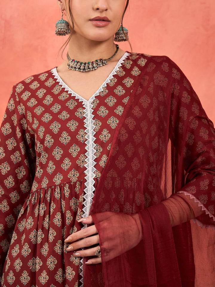 Maroon Floral Front Slit Kurta With Pencil Pants &amp; Dupatta-Shae by SASSAFRAS