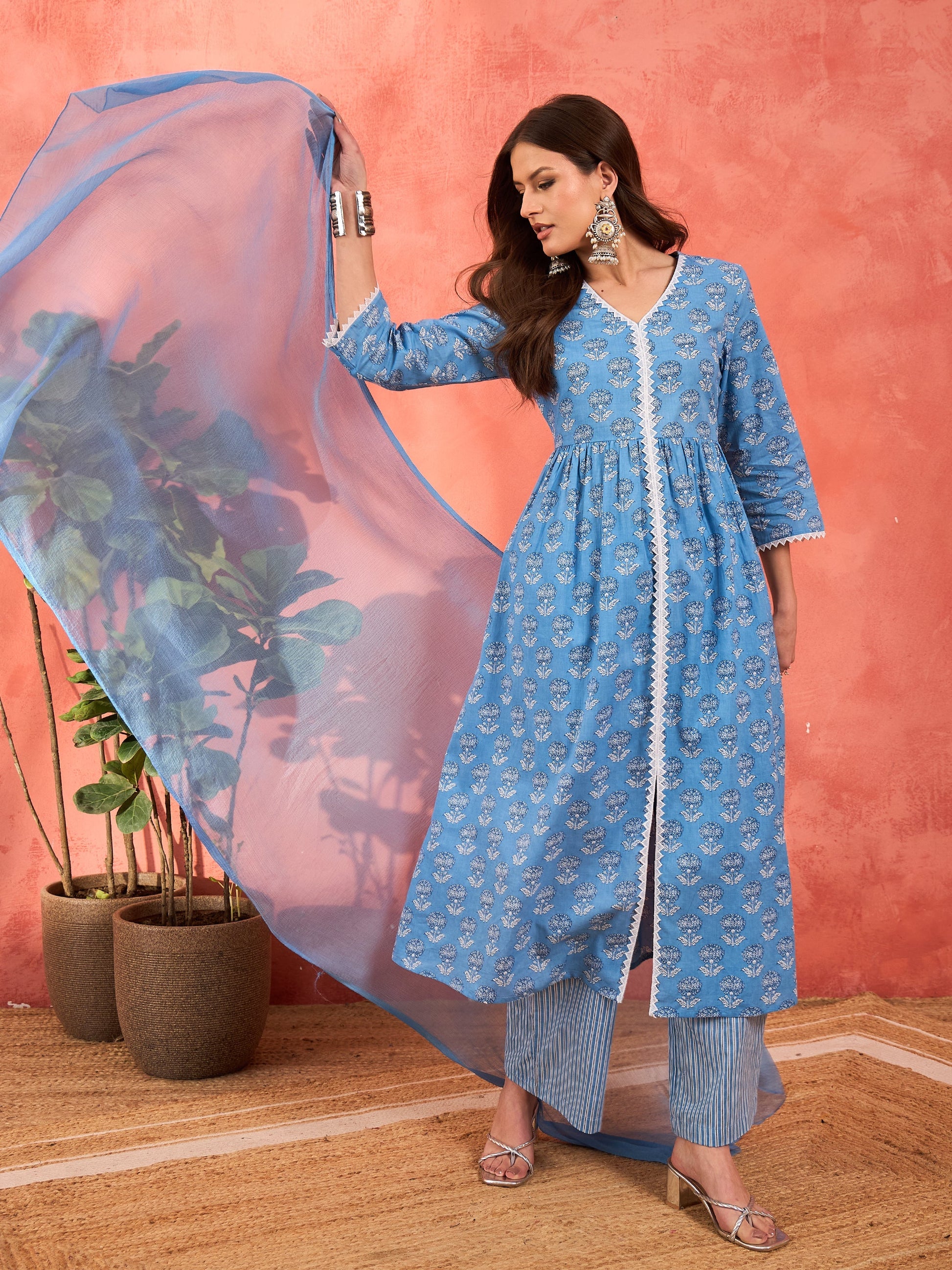 Women's Women Blue Floral Front Slit Kurta With Pencil Pants & Dupatta in Cotton by Shae for wholesale, bulk, supplier, manufacturer and wholesaler buyers from Trendphoria