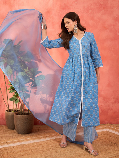 Women's Women Blue Floral Front Slit Kurta With Pencil Pants & Dupatta in Cotton by Shae for wholesale, bulk, supplier, manufacturer and wholesaler buyers from Trendphoria