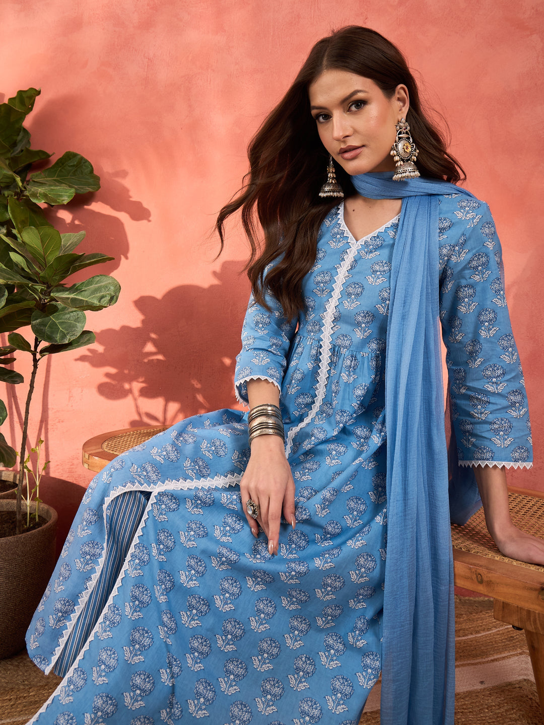 Blue Floral Front Slit Kurta With Pencil Pants &amp; Dupatta-Shae by SASSAFRAS