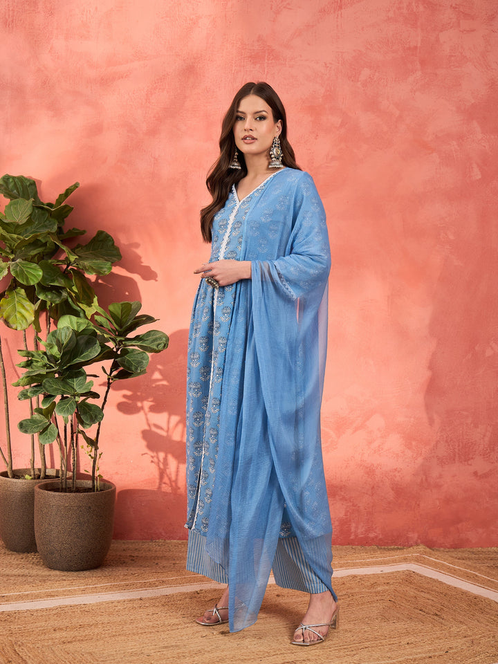 Blue Floral Front Slit Kurta With Pencil Pants &amp; Dupatta-Shae by SASSAFRAS