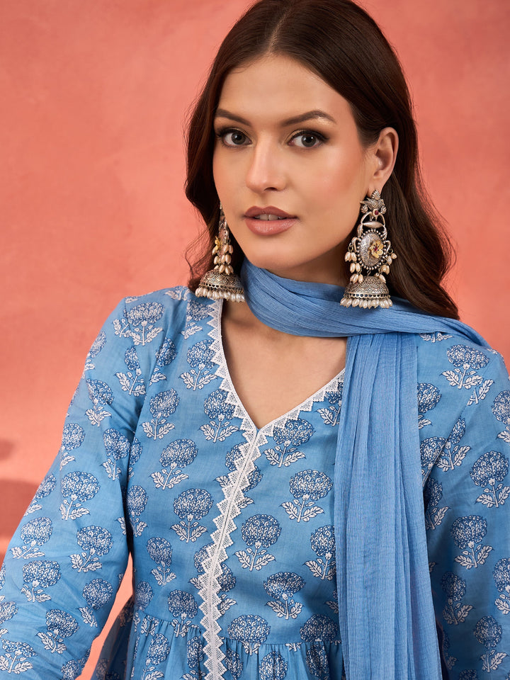 Blue Floral Front Slit Kurta With Pencil Pants &amp; Dupatta-Shae by SASSAFRAS