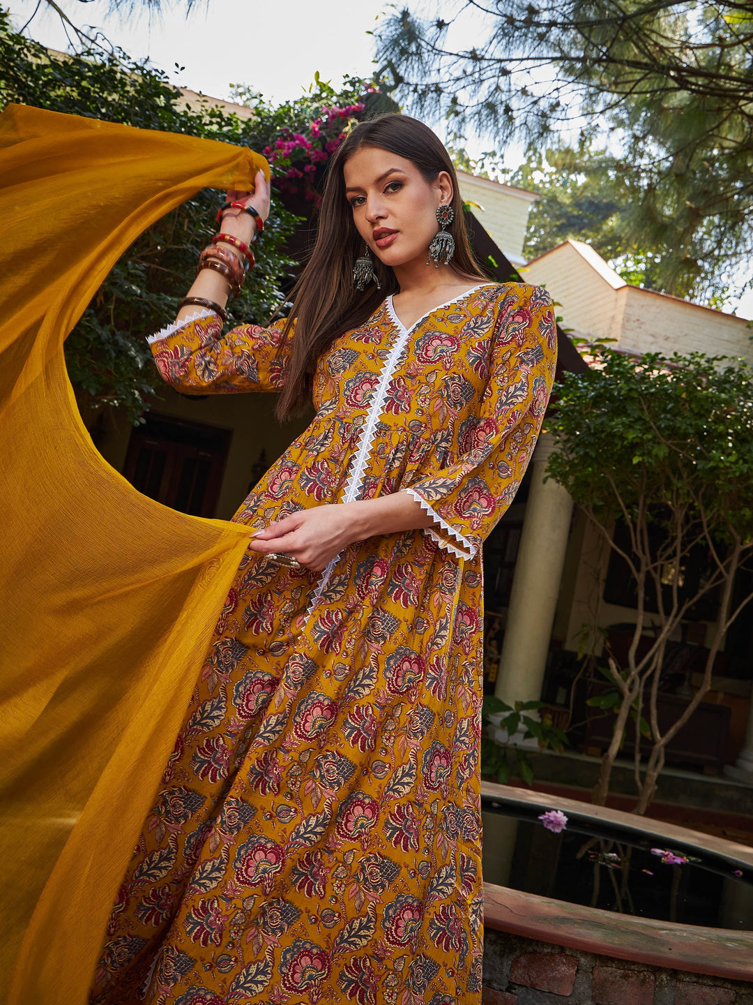 Mustard Floral Front Slit Kurta With Pencil Pants &amp; Dupatta-Shae by SASSAFRAS