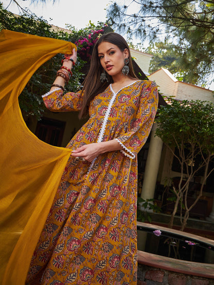 Mustard Floral Front Slit Kurta With Pencil Pants & Dupatta-Shae by SASSAFRAS