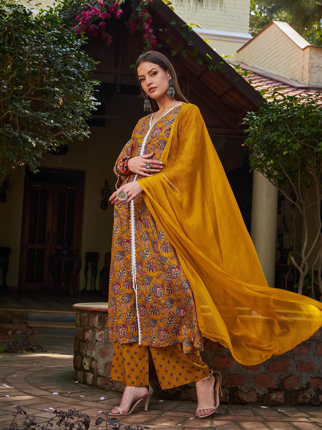 Mustard Floral Front Slit Kurta With Pencil Pants &amp; Dupatta-Shae by SASSAFRAS