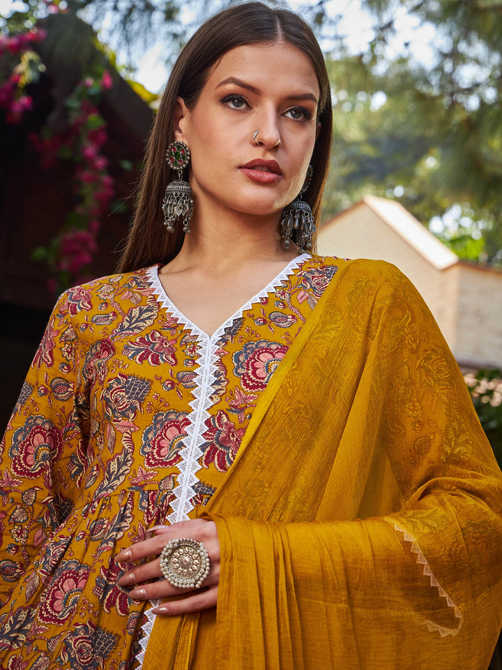 Mustard Floral Front Slit Kurta With Pencil Pants &amp; Dupatta-Shae by SASSAFRAS