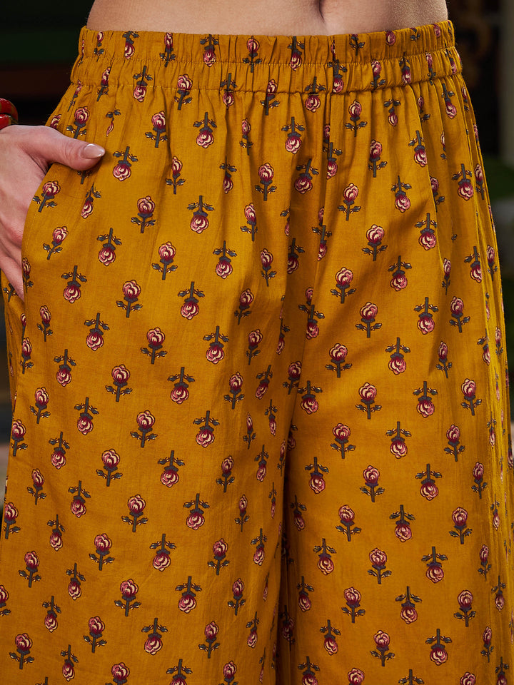 Mustard Floral Front Slit Kurta With Pencil Pants &amp; Dupatta-Shae by SASSAFRAS