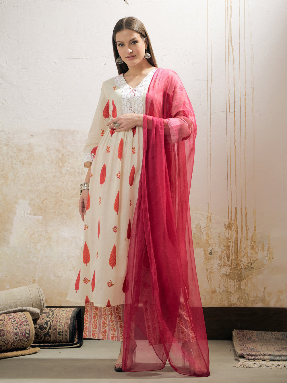 White & Red Floral Gathered Kurta With Pencil Pants & Dupatta-Shae by SASSAFRAS